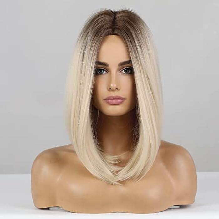 DILLARDS Haircube Ombre Blonde Bob Wig Shoulder Length Wigs For Women Dark Brown Roots Middle Part Heat Resistant Fibre Synthetic Wig Daily Natural Looking - Image 5